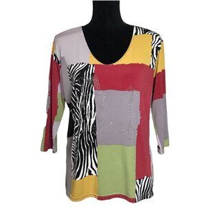 Valentina Rhinestone Animal Print Colorblock 3/4 Sleeve Top - Sz M